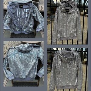 Rare VS PINK SILVER METALLIC FOIL Fuzzy Teddy Faux FUR Zipper HOODIE S or M Y2K
